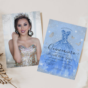 Dusty Blue Silver Glitter Gown Photo Quinceanera Inbjudningar