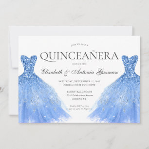 Dusty Blue Silver Glitter Gown Twin Quinceanera Inbjudningar