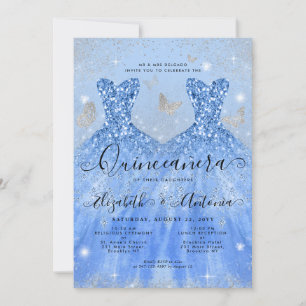 Dusty Blue Silver Glitter Gown Twin Quinceanera Inbjudningar