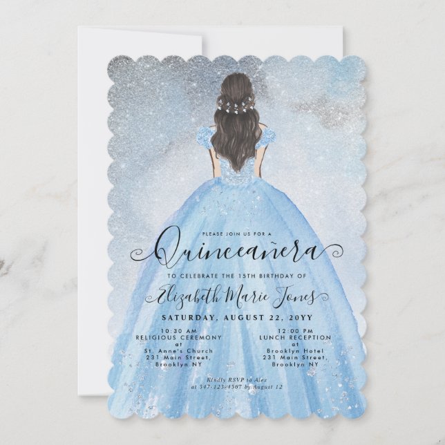 Dusty Blue Silver Glitter Princess Quinceañera Inbjudningar (Framsida)