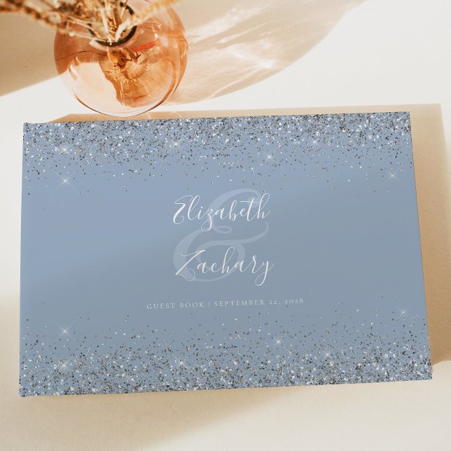 Dusty Blue Silver Glitter Script Gästböcker (Skapare uppladdad)