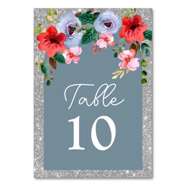 Dusty Blue Silver Glitter Watercolor Blommigt Arch Bordsnummer (Framsidan)