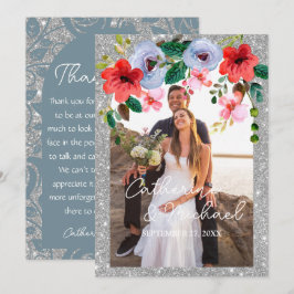 Dusty Blue Silver Glitter Watercolor Blommigt Arch Tack Kort