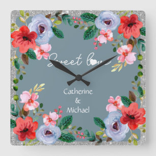 Dusty Blue Silver Glitter Watercolor Blommigt Fyrkantig Klocka