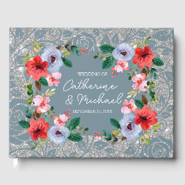 Dusty Blue Silver Glitter Watercolor Blommigt Gästböcker