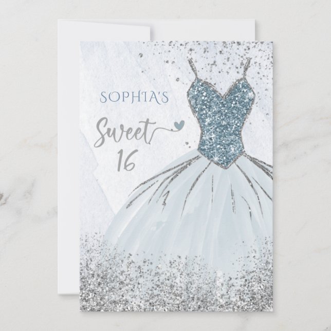 Dusty Blue Silver Gnistra Dress Sweet 16 födelseda Inbjudningar (Framsida)