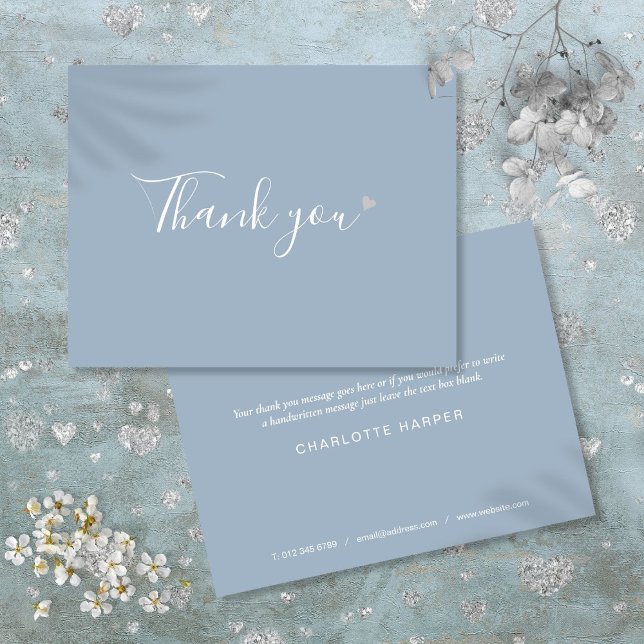 Dusty Blue Silver Heart Chic Script Affärsverksamh Tack Kort (Dusty Blue Silver Heart Chic Script Business Thank You Card)