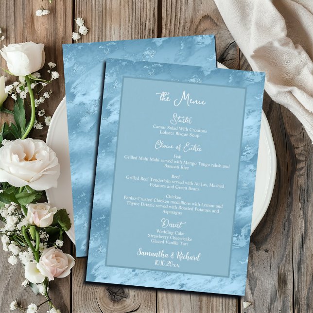 Dusty Blue Silver Marble Glitter 5x7’ Bröllop Menu Meny (Skapare uppladdad)