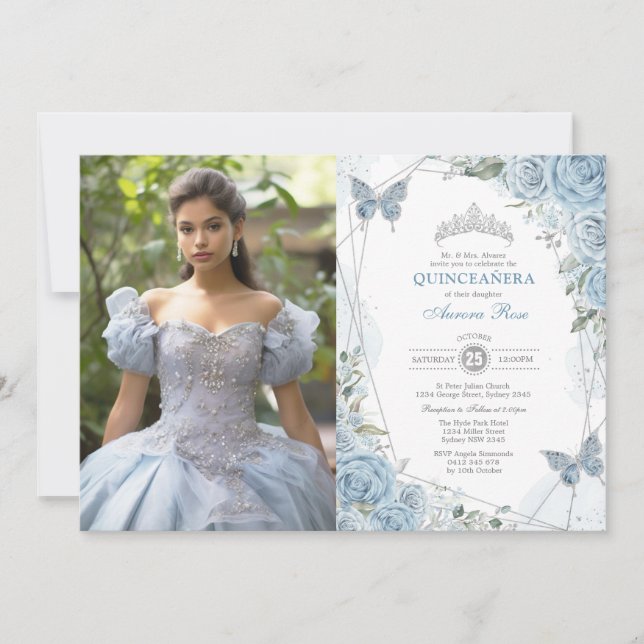 Dusty Blue Silver Quinceañera Butterfly Photo Inbjudningar (Framsida)