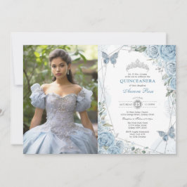 Dusty Blue Silver Quinceañera Butterfly Photo Inbjudningar