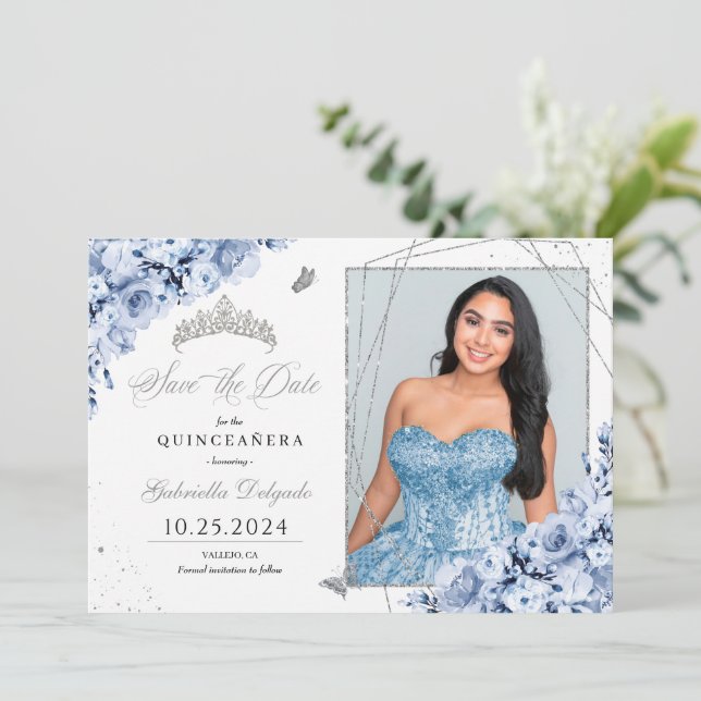 Dusty Blue Silver Quinceañera Spara datumfoto Inbjudningar (Stående Fram)