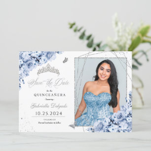 Dusty Blue Silver Quinceañera Spara datumfoto Inbjudningar