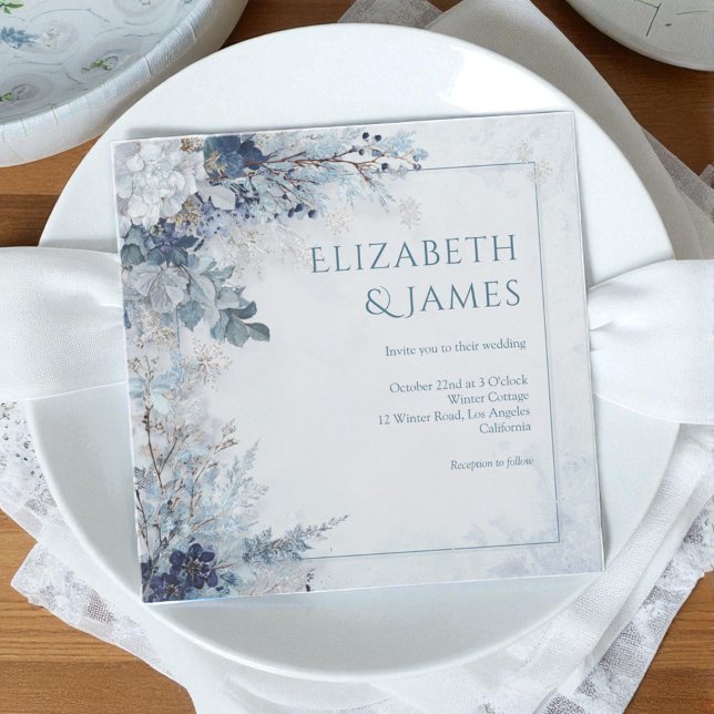 Dusty Blue Silver Ro Winter Blommigt Bröllop Inbjudningar (Dusty Blue Silver Rose Winter Floral Wedding Invitation)