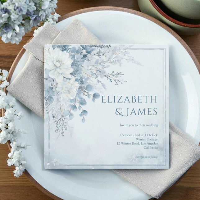 Dusty Blue Silver Ro Winter Blommigt Bröllop Inbjudningar (Dusty Blue Silver Rose Winter Floral Wedding Invitation)