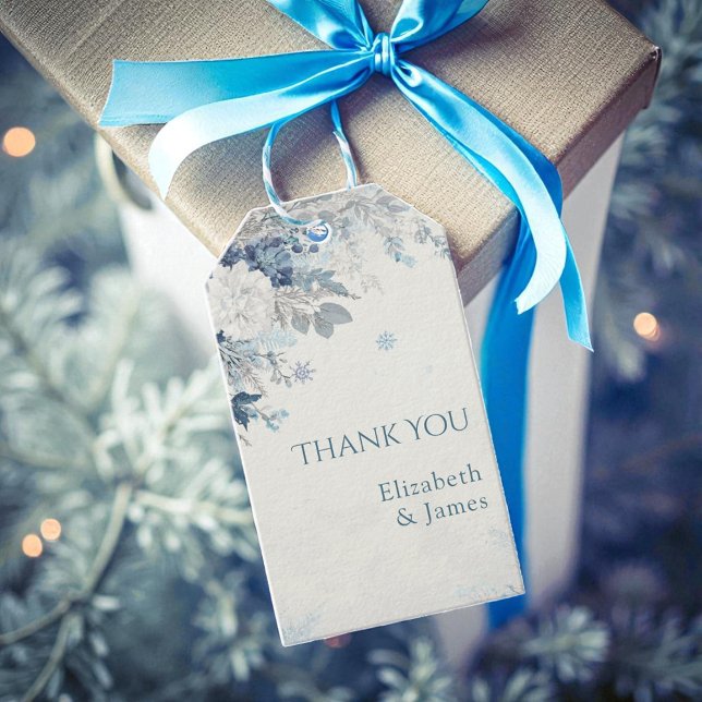 Dusty Blue Silver Ro Winter Blommigt Bröllop Presentetikett (Dusty Blue Silver Rose Winter Floral Wedding Gift Tags)