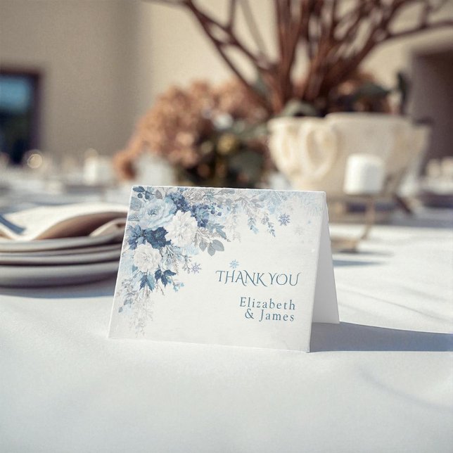 Dusty Blue Silver Ro Winter Blommigt Bröllop Tack Kort (Dusty Blue Silver Rose Winter Floral Wedding Thank You Card)