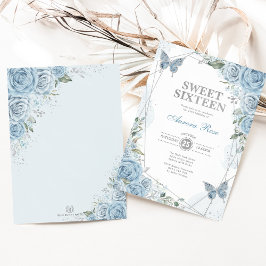 Dusty Blue Silver Sweet 16 Butterfly Birthday Inbjudningar