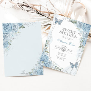 Dusty Blue Silver Sweet 16 Butterfly Birthday Inbjudningar