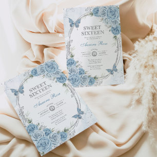 Dusty Blue Silver Sweet sixteen 16:e födelsedagen Inbjudningar