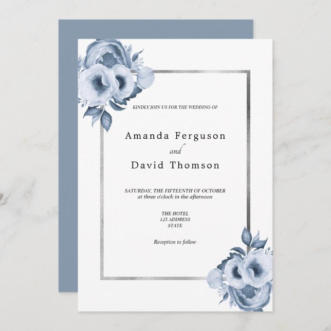 Dusty blue silver, vattenfärgade blommigtar bröllo inbjudningar (Fram/baksida)