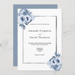 Dusty blue silver, vattenfärgade blommigtar bröllo inbjudningar