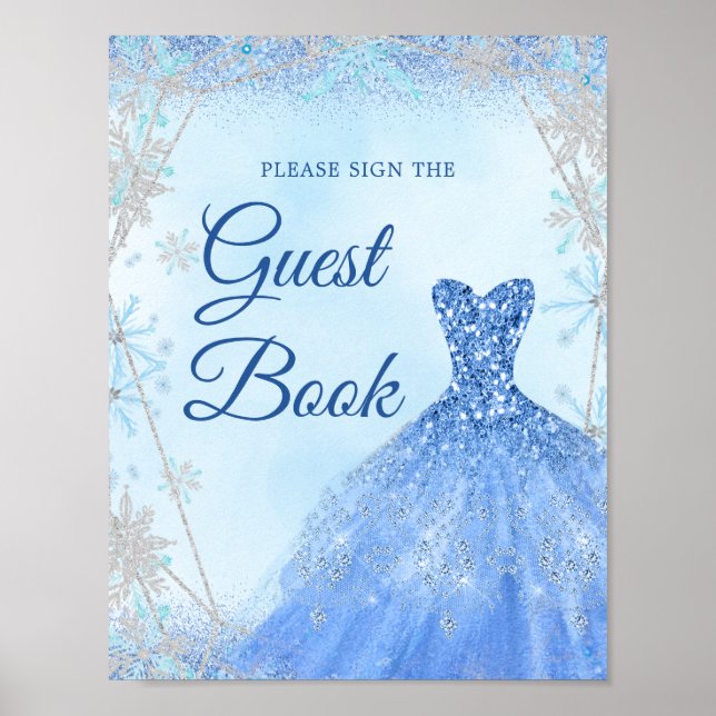 Dusty Blue Silver Winter Snowflake 15:e Guest Bok Poster (Framsidan)