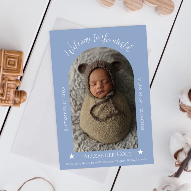 Dusty Blue Simple Arch Ram Photo Birth Meddelande (Dusty Blue Simple Arch Frame Photo Birth Announcement)