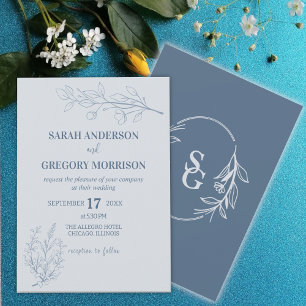 Dusty Blue Simple Boho Blommigt Bicolor Bröllop Inbjudningar