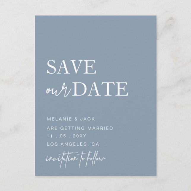 Dusty Blue Simple Calligraphy Save Date Meddelande Vykort (Framsida)