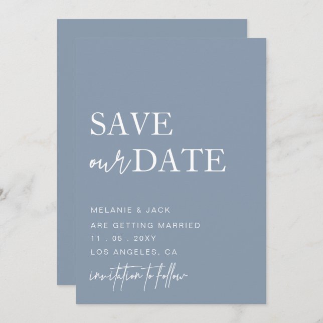 Dusty Blue Simple Calligraphy Save Date Spara Datumet (Fram/baksida)