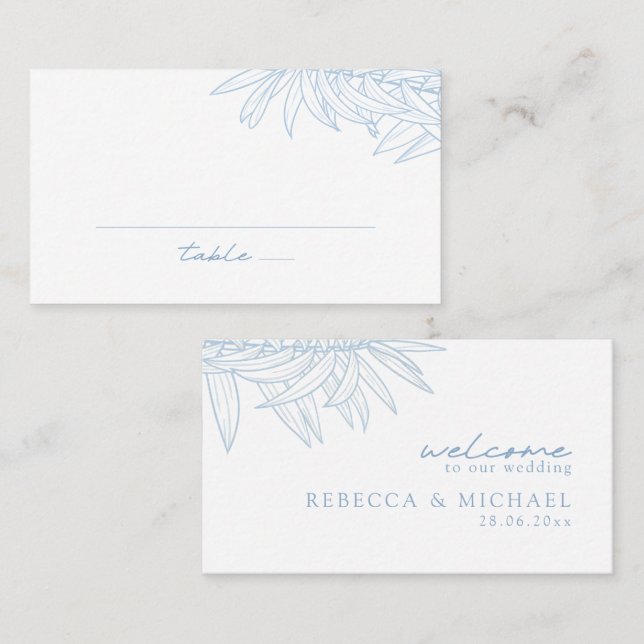 Dusty Blue Simple Hand plockade Botanical Flat Placeringskort (Fram/baksida)