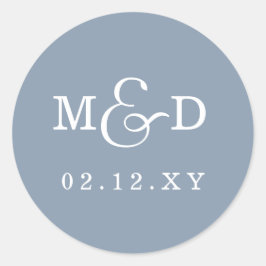 Dusty Blue Simple Modern Monogram Bröllop Runt Klistermärke