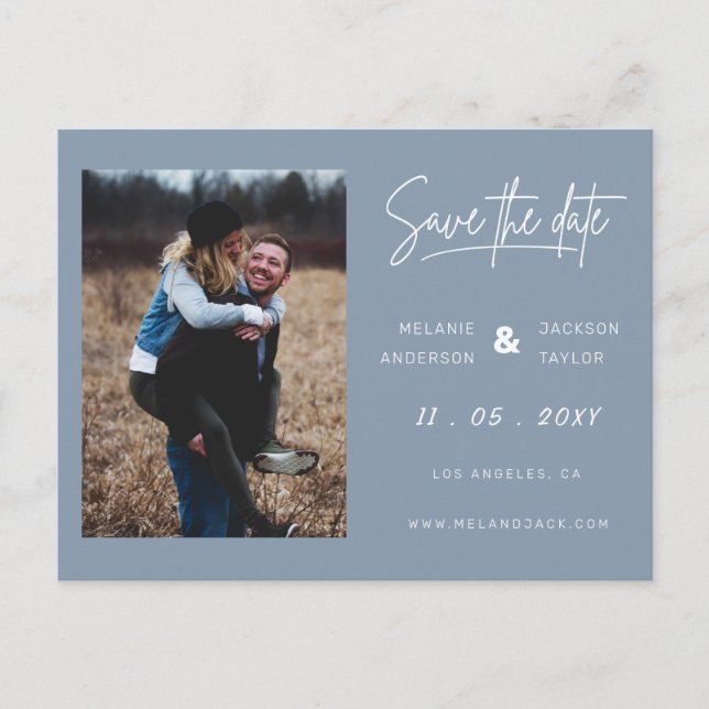 Dusty Blue Simple Photo Save Date Meddelande Vykort (Framsida)