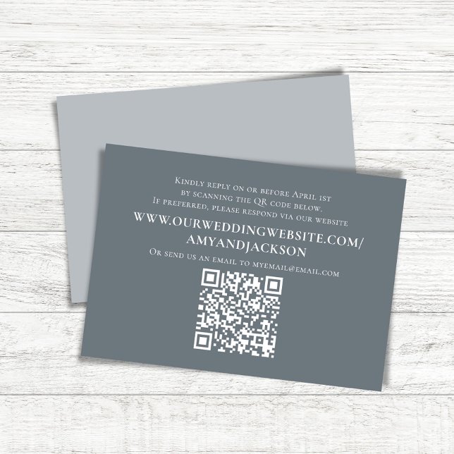 Dusty Blue Simple QR Code Website OSA Bröllop (Simple blue-grey wedding RSVP card with a scannable QR code. )