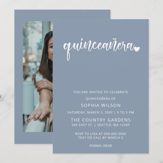 Dusty Blue Simple Script Quinceanera Photo Inbjudningar (Fram/baksida)