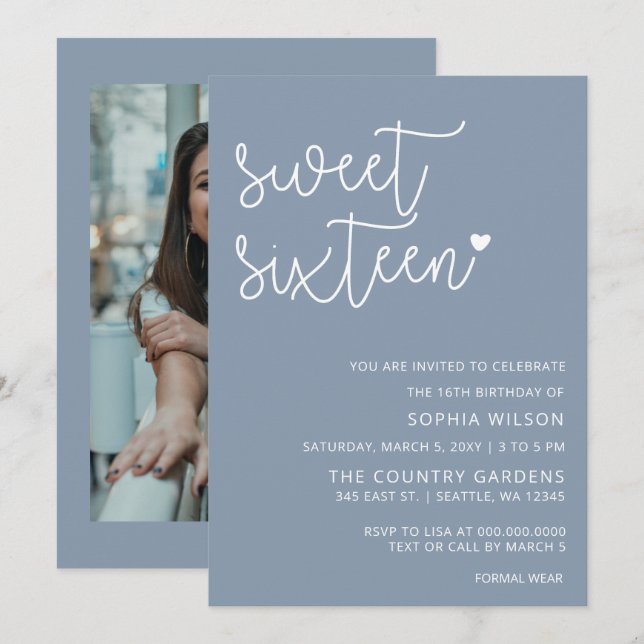 Dusty Blue Simple Script Sweet 16 Birthday Photo I Inbjudningar (Fram/baksida)