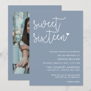 Dusty Blue Simple Script Sweet 16 Birthday Photo I Inbjudningar