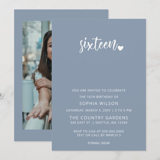 Dusty Blue Simple Script Sweet 16 Birthday Photo Inbjudningar (Fram/baksida)
