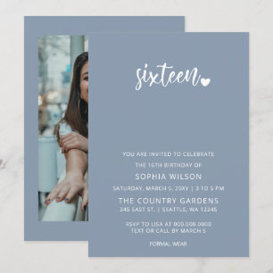 Dusty Blue Simple Script Sweet 16 Birthday Photo Inbjudningar