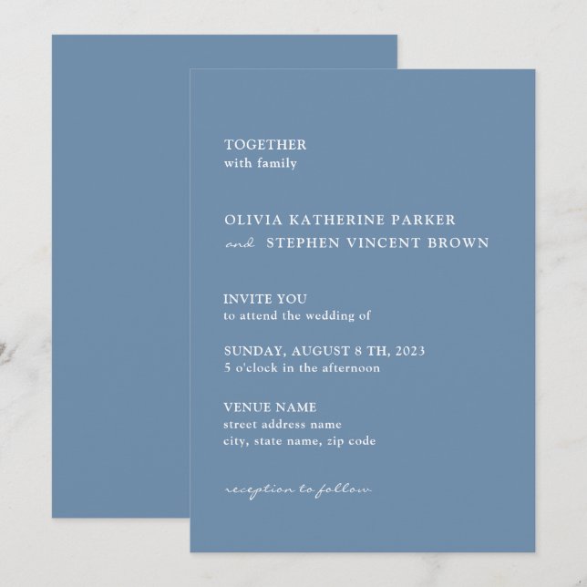 Dusty blue simple typography modern Bröllop Inbjudningar (Fram/baksida)