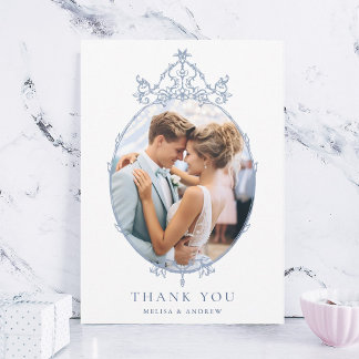 Dusty Blue Simple Vintage Frame Wedding Photo Tack Kort