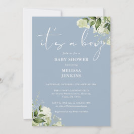 Dusty Blue sin Boy Greenery Baby Shower Inbjudningar
