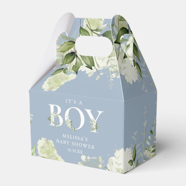 Dusty Blue sin Boy Greenery Baby Shower Presentaskar (Framsidan Sidan)