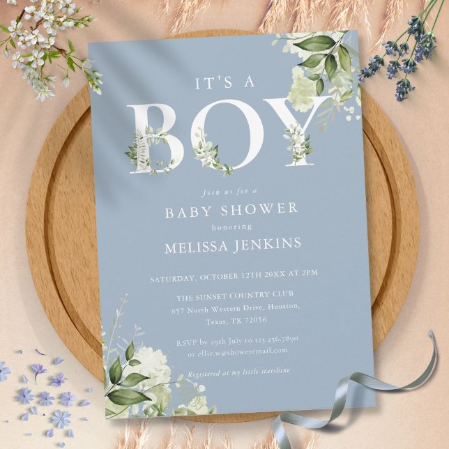 Dusty Blue sin Boy Greenery Brev Baby Shower Inbjudningar (Dusty Blue Its A Boy Greenery Letter Baby Shower Invitation)