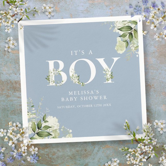 Dusty Blue sin Boy Greenery Brev Baby Shower Pappersservett (Dusty Blue Its A Boy Greenery Letter Baby Shower Napkins)