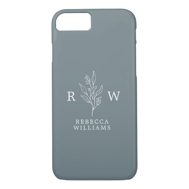 Dusty Blue Sketched Blommigt Wildblomma Monogram Case-Mate iPhone Skal (Baksida)
