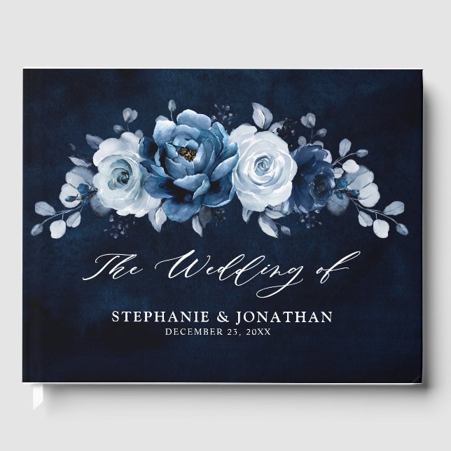 Dusty Blue Slate Navy Blommigt Botanical Bröllop G Gästböcker (Framsida)