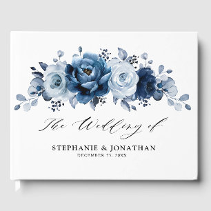 Dusty Blue Slate Navy Blommigt Botanical Bröllop Gästböcker