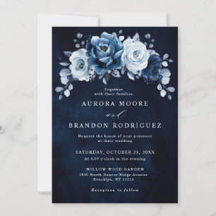 Dusty Blue Slate Navy Blommigt Botanical Bröllop I Inbjudningar