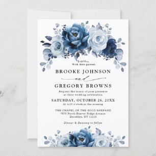 Dusty Blue Slate Navy Blommigt Botanical Bröllop Inbjudningar